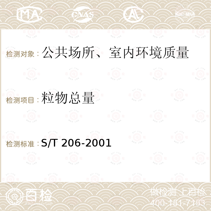 粒物总量 WS/T 206-2001 公共场所空气中可吸入颗粒物(PM10)测定方法 光散射法