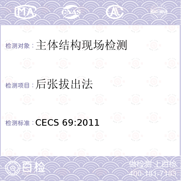 后张拔出法 CECS 69:2011 《拔出法检测混凝土强度技术规程》CECS69:2011（5）