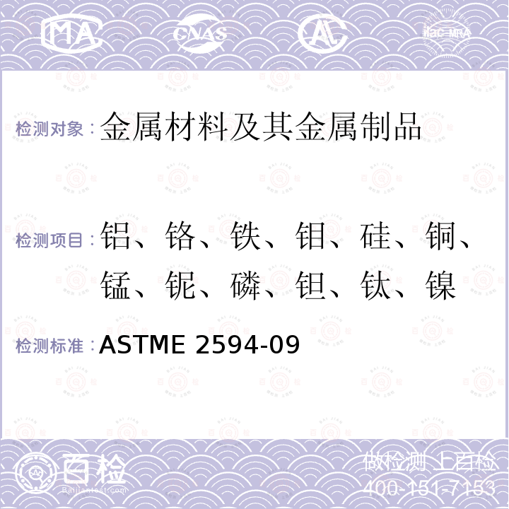 铝、铬、铁、钼、硅、铜、锰、铌、磷、钽、钛、镍 电感耦合等离子体原子发射光谱法分析镍合金的标准试验方法(基于性能的方法)ASTME2594-09(R2014)