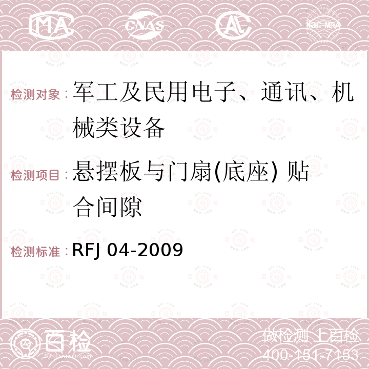 悬摆板与门扇(底座) 贴合间隙 RFJ 01-2015 人民防空工程质量验收与评价标准RFJ01-2015人民防空工程防护设备试验检测与质量检测标准RFJ04-2009(8.3.4)