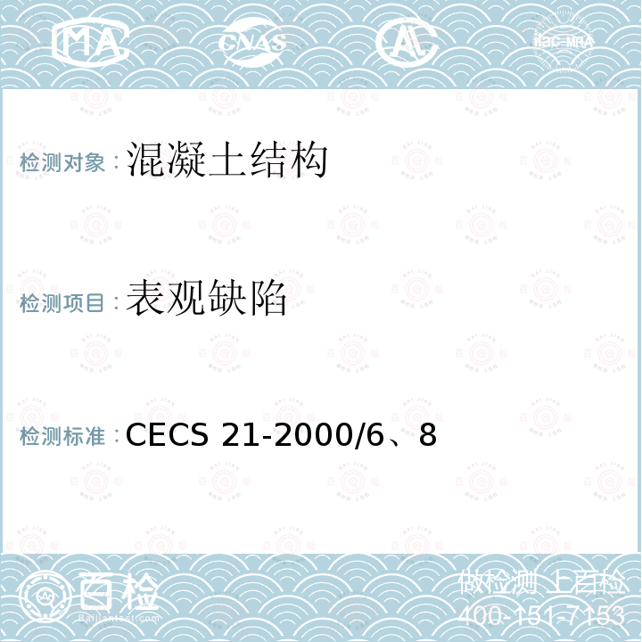 表观缺陷 CECS 21-2000 《超声法检测混凝土缺陷技术规程》CECS21-2000/6、8