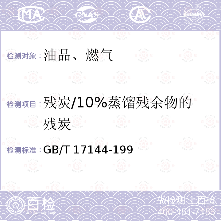 残炭/10%蒸馏残余物的残炭 石油产品残炭测定法(微量法)GB/T17144-1997