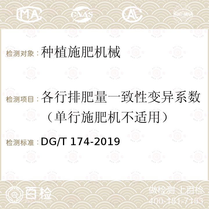 各行排肥量一致性变异系数（单行施肥机不适用） DG/T 174-2019 施肥机DG/T174-2019（4.3.3）