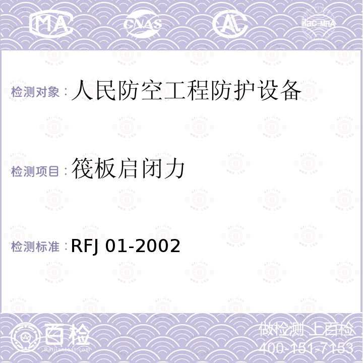 筏板启闭力 RFJ 01-2002 《人民防空工程防护设备产品质量检验与施工验收标准》RFJ01-2002