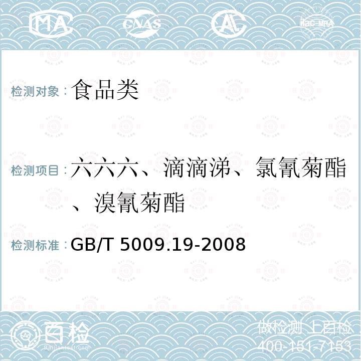 六六六、滴滴涕、氯氰菊酯、溴氰菊酯 GB/T 5009.19-2008 食品中有机氯农药多组分残留量的测定