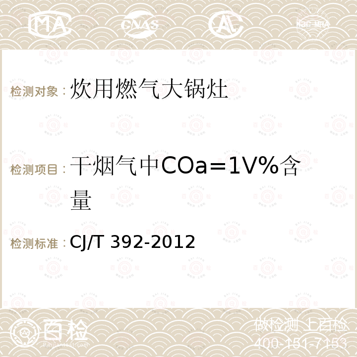 干烟气中COa=1V%含量 CJ/T 392-2012 炊用燃气大锅灶