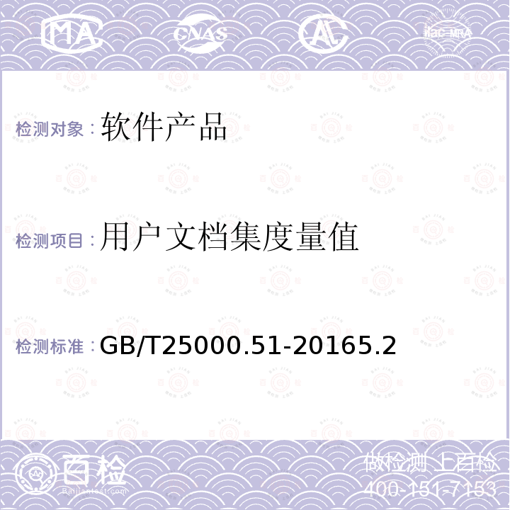 用户文档集度量值 GB/T 25000.51-2016 系统与软件工程 系统与软件质量要求和评价(SQuaRE) 第51部分:就绪可用软件产品(RUSP)的质量要求和测试细则