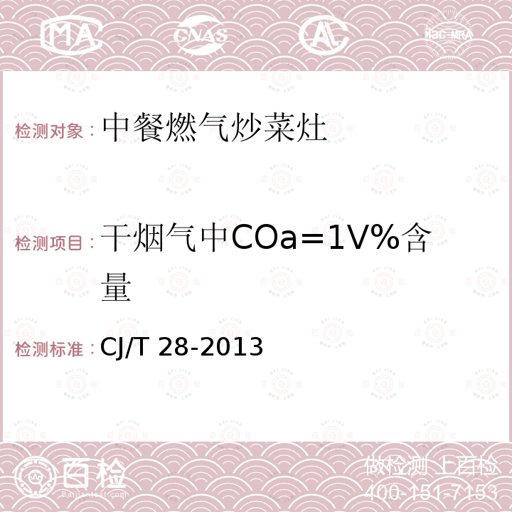 干烟气中COa=1V%含量 CJ/T 28-2013 中餐燃气炒菜灶