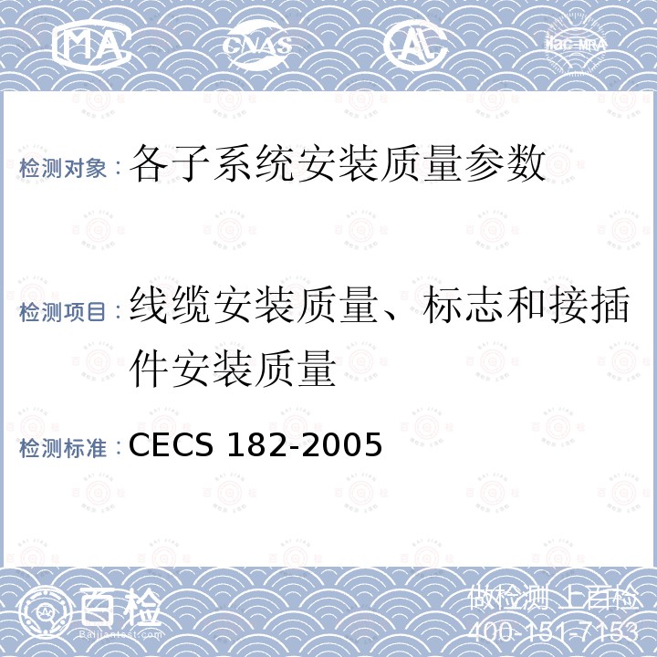 线缆安装质量、标志和接插件安装质量 CECS 182-2005 《智能建筑工程检测规程》CECS182-2005第8.9.4条；