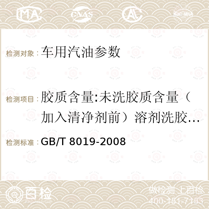 胶质含量:未洗胶质含量（加入清净剂前）溶剂洗胶质含量 GB 17930-2016 车用汽油