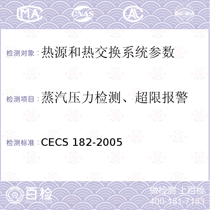 蒸汽压力检测、超限报警 CECS 182-2005 《智能建筑工程检测规程》CECS182-2005第6.6.3条；《智能建筑工程质量验收规范》GB50339-2013第17.0.5条