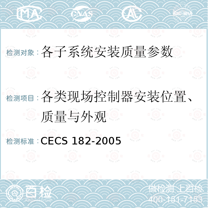 各类现场控制器安装位置、质量与外观 CECS 182-2005 《智能建筑工程检测规程》CECS182-2005第8.9.3条；