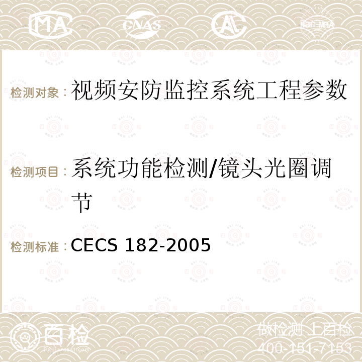 系统功能检测/镜头光圈调节 CECS 182-2005 《智能建筑工程检测规程》CECS182-2005第8.3.5条；《安全防范工程技术规范》GB50348-2004第7.2.2条