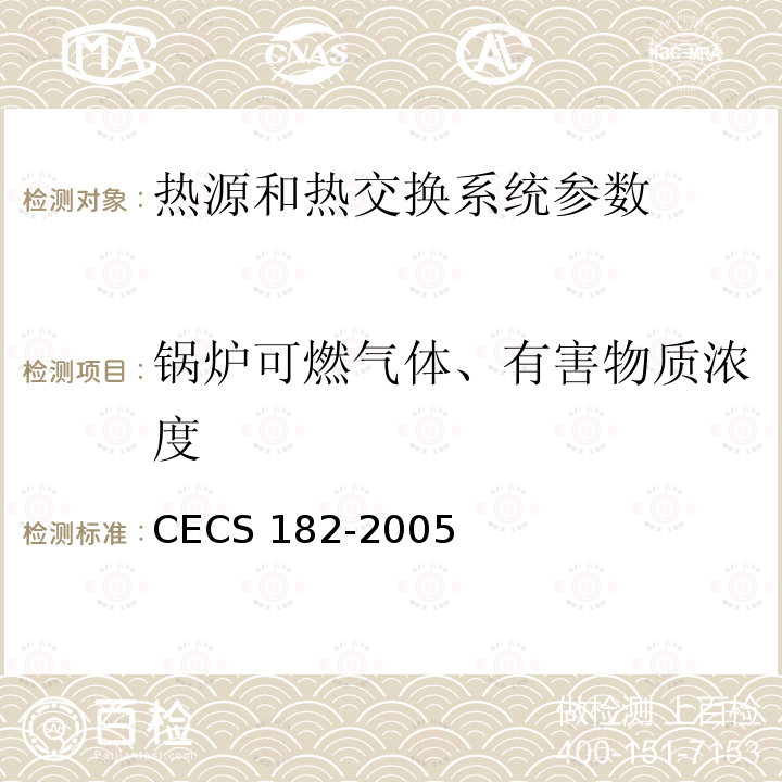 锅炉可燃气体、有害物质浓度 CECS 182-2005 《智能建筑工程检测规程》CECS182-2005第6.6.3条；《智能建筑工程质量验收规范》GB50339-2013第17.0.5条