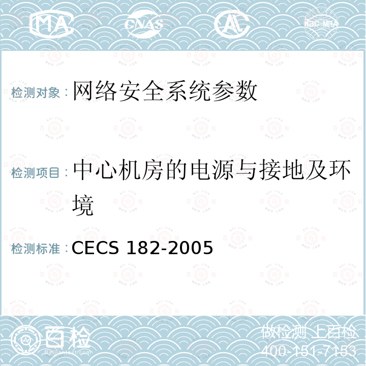 中心机房的电源与接地及环境 CECS 182-2005 《智能建筑工程检测规程》CECS182-2005第5.4.4条；