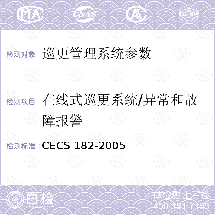 在线式巡更系统/异常和故障报警 CECS 182-2005 《智能建筑工程检测规程》CECS182-2005第8.6.5条、第8.6.6条；《安全防范工程技术规范》GB50348-2004第7.2.4条