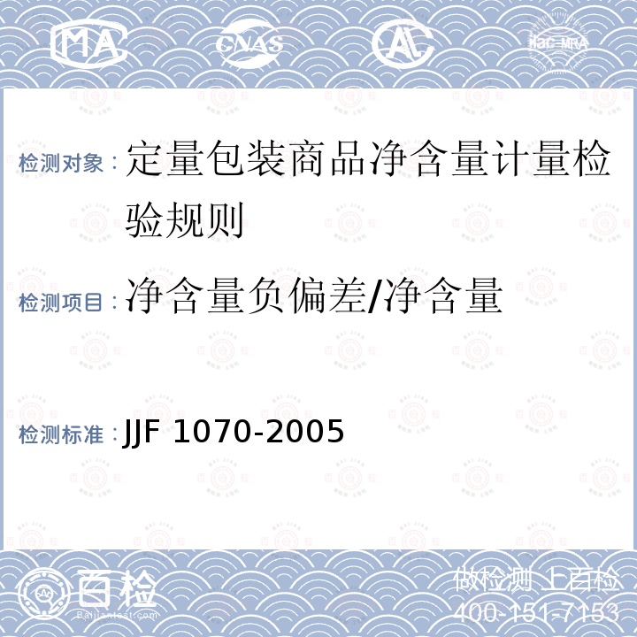 净含量负偏差/净含量 JJF 1070-2005 定量包装商品净含量计量检验规则