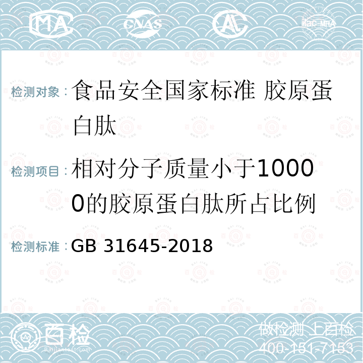 相对分子质量小于10000的胶原蛋白肽所占比例 相对分子质量小于10000的胶原蛋白肽所占比例 GB 31645-2018