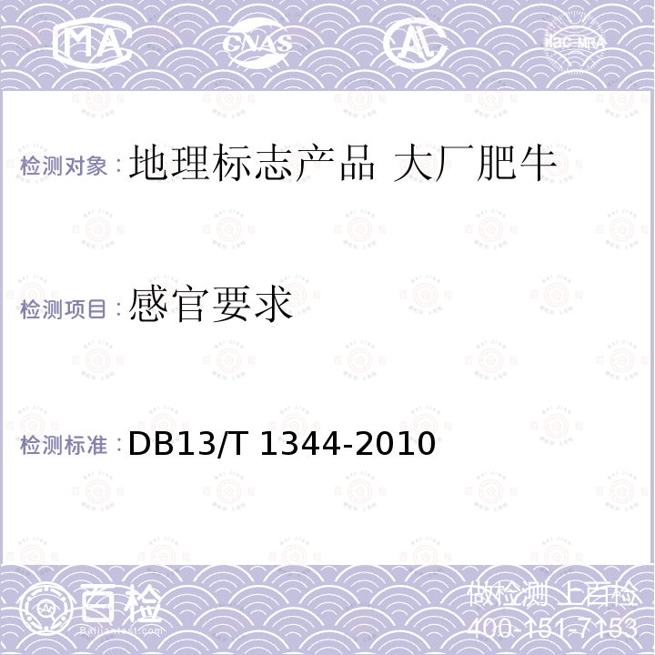 感官要求 DB13/T 1344-2010 地理标志产品 大厂肥牛