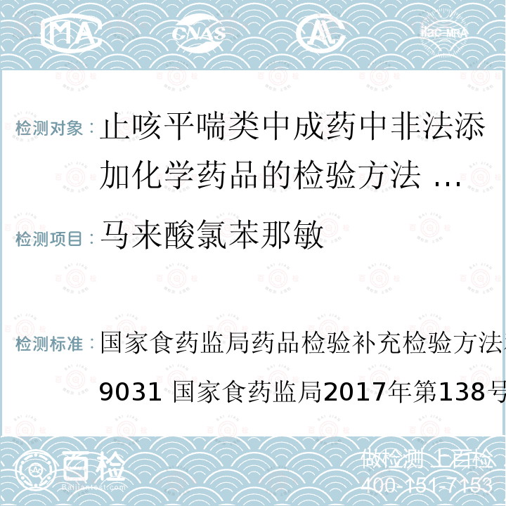 马来酸氯苯那敏 BJS 201710 国家食药监局药品检验补充检验方法和检验项目批准件2009031 国家食药监局2017年第138号公告 附件1： 止咳平喘类中成药中非法添加化学药品的检验方法 保健食品中75种非法添加化学药物的检测