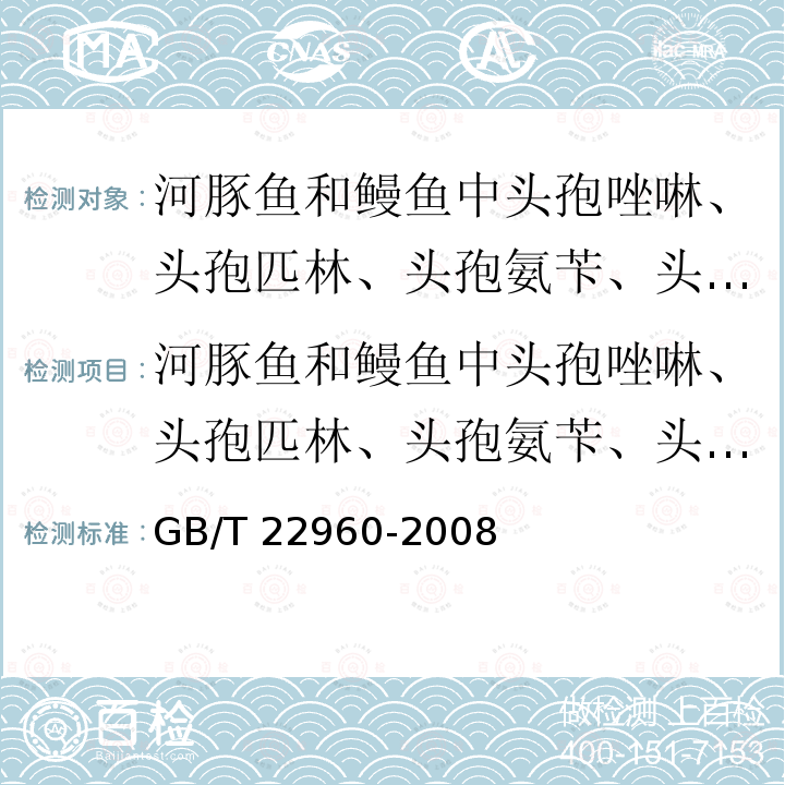 河豚鱼和鳗鱼中头孢唑啉、头孢匹林、头孢氨苄、头孢洛宁、头孢喹肟残留量的测定 液相色谱-串联质谱法 GB/T 22960-2008 河豚鱼和鳗鱼中头孢唑啉、头孢匹林、头孢氨苄、头孢洛宁、头孢喹肟残留量的测定 液相色谱-串联质谱法