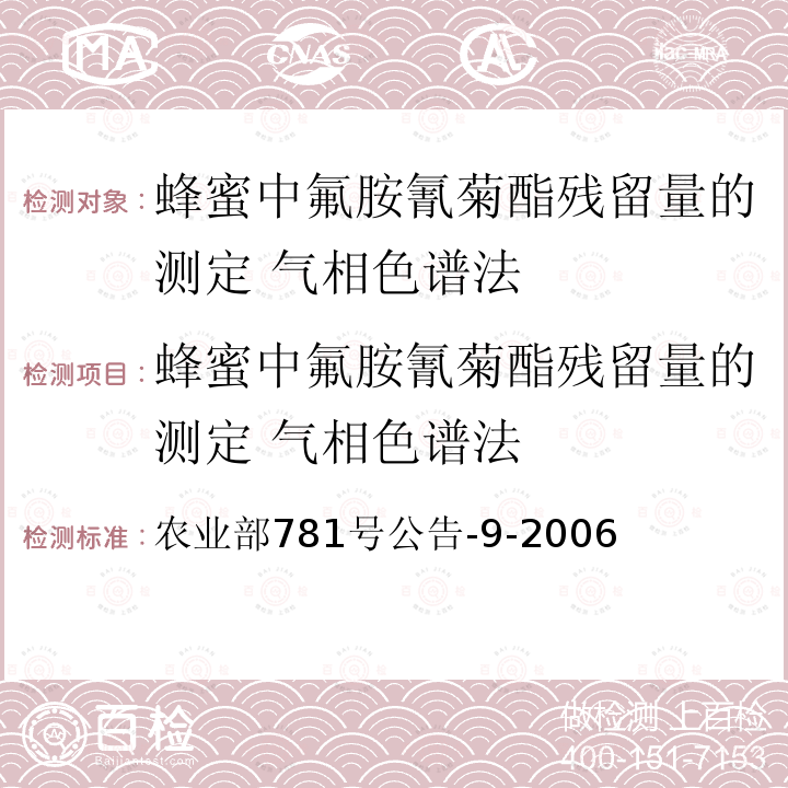 蜂蜜中氟胺氰菊酯残留量的测定 气相色谱法 蜂蜜中氟胺氰菊酯残留量的测定 气相色谱法 农业部781号公告-9-2006