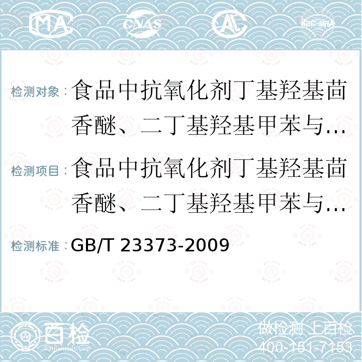 食品中抗氧化剂丁基羟基茴香醚、二丁基羟基甲苯与特丁基对苯二酚的测定 GB/T 23373-2009 食品中抗氧化剂丁基羟基茴香醚(BHA)、二丁基羟基甲苯(BHT)与特丁基对苯二酚(TBHQ)的测定