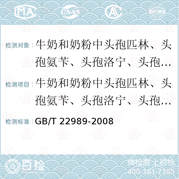 牛奶和奶粉中头孢匹林、头孢氨苄、头孢洛宁、头孢喹肟残留量的测定 液相色谱-串联质谱法 GB/T 22989-2008 牛奶和奶粉中头孢匹林、头孢氨苄、头孢洛宁、头孢喹肟残留量的测定 液相色谱-串联质谱法