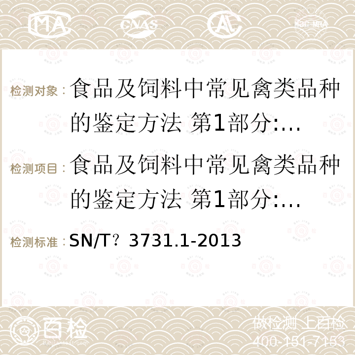 食品及饲料中常见禽类品种的鉴定方法 第1部分:鹌鹑成分检测 PCR法 SN/T 3731.1-2013 食品及饲料中常见禽类品种的鉴定方法 第1部分:鹤鹑成分检测PCR法