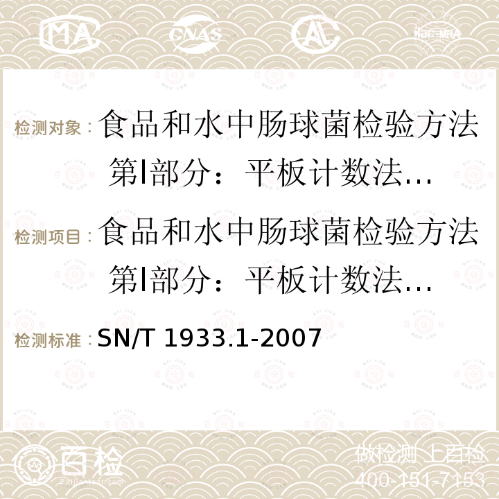 食品和水中肠球菌检验方法 第l部分：平板计数法和最近似值测定法 SN/T 1933.1-2007 食品和水中肠球菌检验方法 第1部分:平板计数法和最近似值测定法