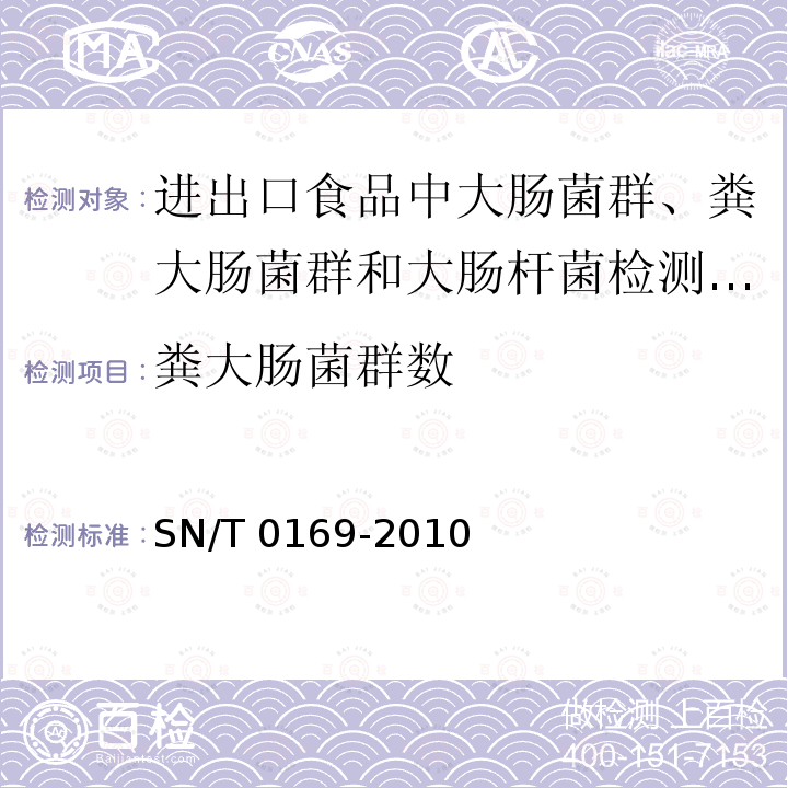 粪大肠菌群数 SN/T 0169-2010 进出口食品中大肠菌群、粪大肠菌群和大肠杆菌检测方法