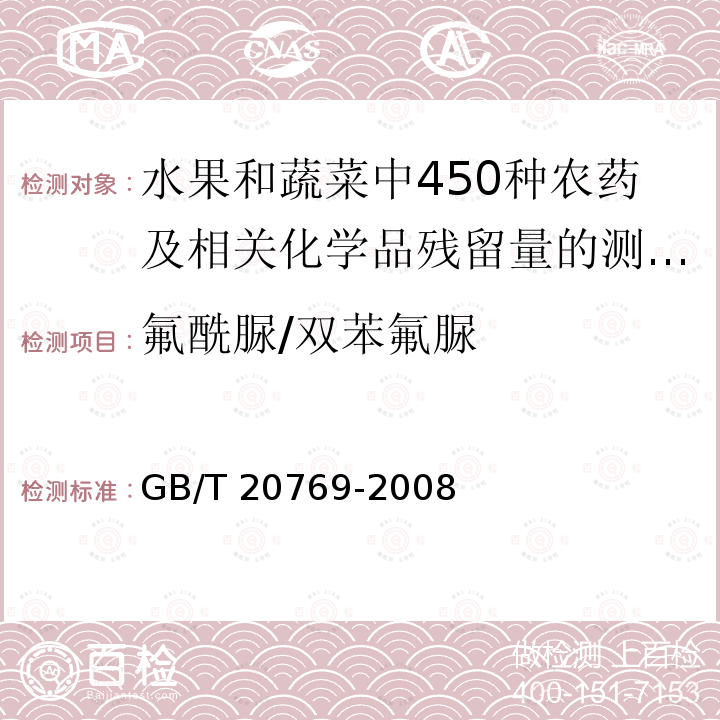 氟酰脲/双苯氟脲 GB/T 20769-2008 水果和蔬菜中450种农药及相关化学品残留量的测定 液相色谱-串联质谱法