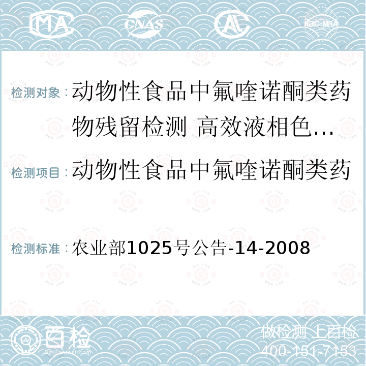 动物性食品中氟喹诺酮类药物残留检测高效液相色谱法 动物性食品中氟喹诺酮类药物残留检测高效液相色谱法 农业部1025号公告-14-2008