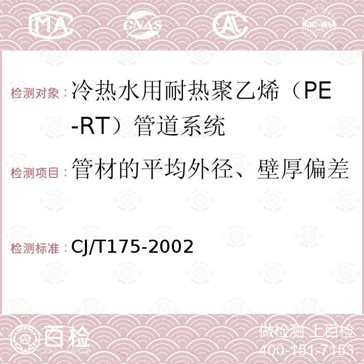 管材的平均外径、壁厚偏差 CJ/T 175-2002 冷热水用耐热聚乙烯(PE-RT)管道系统