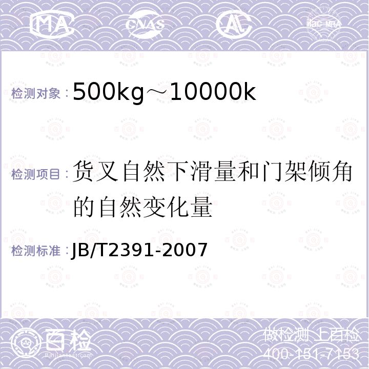 货叉自然下滑量和门架倾角的自然变化量 JB/T 2391-2007 500kg-10000kg平衡重式叉车技术条件
