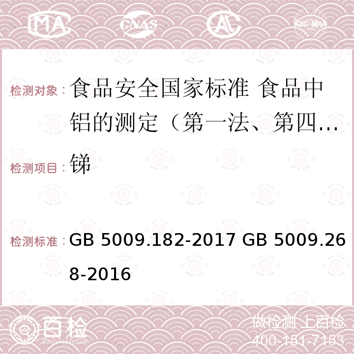 锑 GB 5009.182-2017 食品安全国家标准 食品中铝的测定