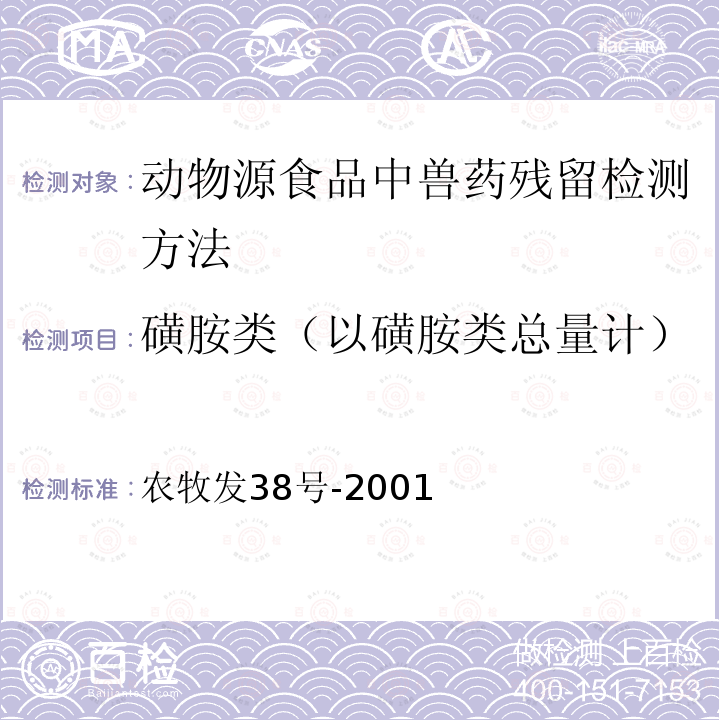 磺胺类（以磺胺类总量计） 磺胺类（以磺胺类总量计） 农牧发38号-2001