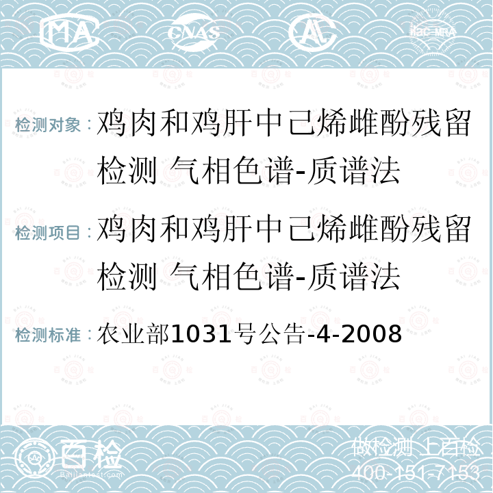 鸡肉和鸡肝中己烯雌酚残留检测 气相色谱-质谱法 鸡肉和鸡肝中己烯雌酚残留检测 气相色谱-质谱法 农业部1031号公告-4-2008