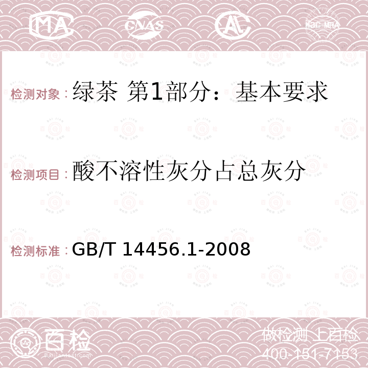 酸不溶性灰分占总灰分 GB/T 14456.1-2008 绿茶 第1部分:基本要求