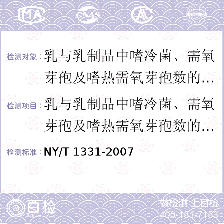 乳与乳制品中嗜冷菌、需氧芽孢及嗜热需氧芽孢数的测定 NY/T 1331-2007 乳与乳制品中嗜冷菌、需氧芽孢及嗜热需氧芽孢数的测定