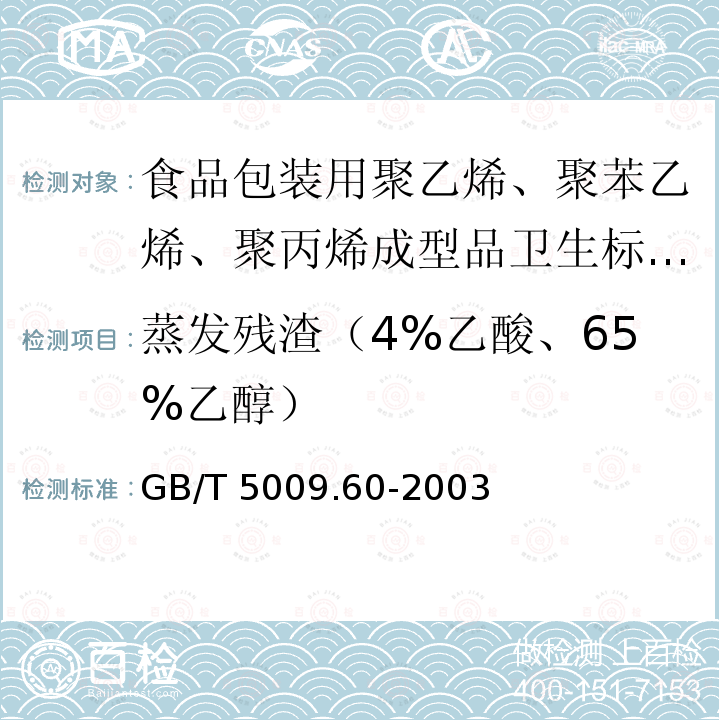 蒸发残渣（4%乙酸、65%乙醇） GB/T 5009.60-2003 食品包装用聚乙烯、聚苯乙烯、聚丙烯成型品卫生标准的分析方法