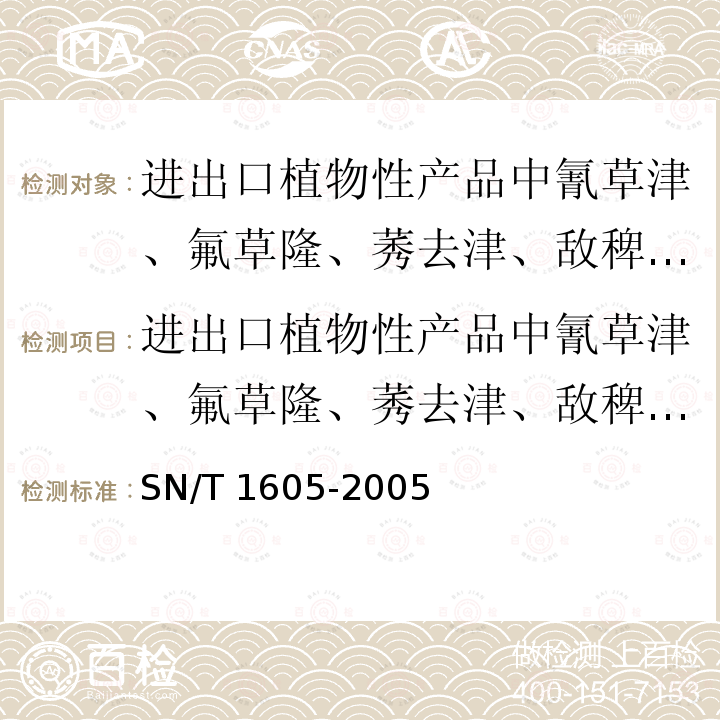 进出口植物性产品中氰草津、氟草隆、莠去津、敌稗、利谷隆残留量检验方法 高效液相色谱法 进出口植物性产品中氰草津、氟草隆、莠去津、敌稗、利谷隆残留量检验方法 高效液相色谱法 SN/T 1605-2005