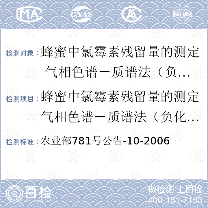 蜂蜜中氯霉素残留量的测定气相色谱－质谱法（负化学源） 农业部781号公告-10-2006  