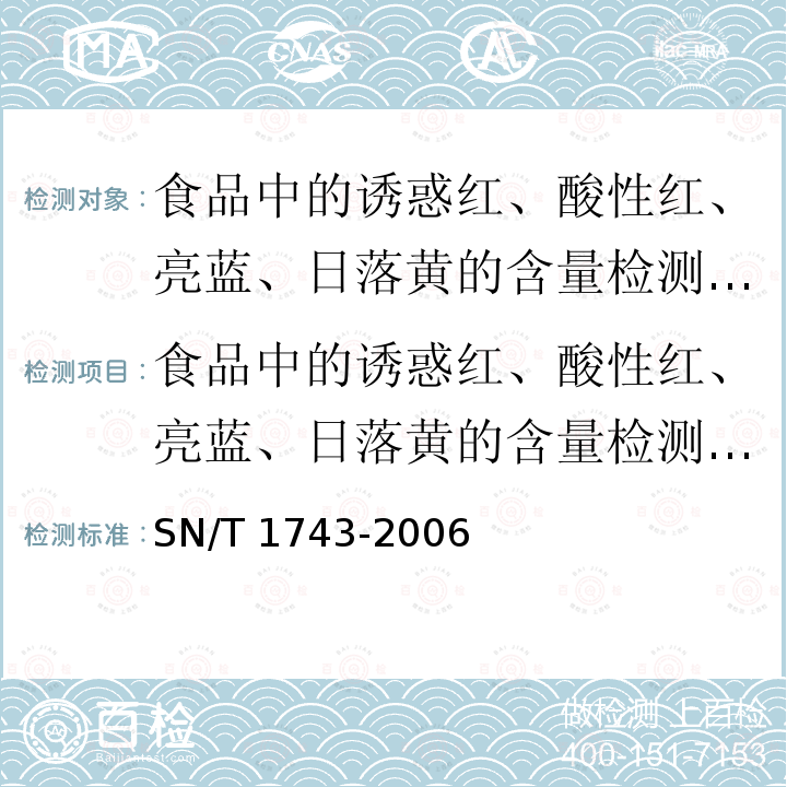 食品中的诱惑红、酸性红、亮蓝、日落黄的含量检测 高效液相色谱法 食品中的诱惑红、酸性红、亮蓝、日落黄的含量检测 高效液相色谱法 SN/T 1743-2006