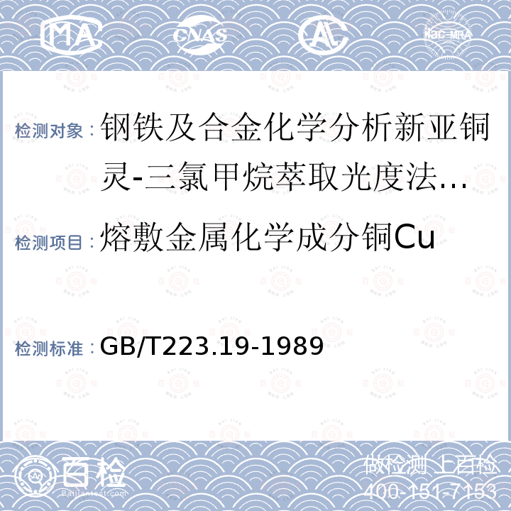 熔敷金属化学成分铜Cu 熔敷金属化学成分铜Cu GB/T223.19-1989