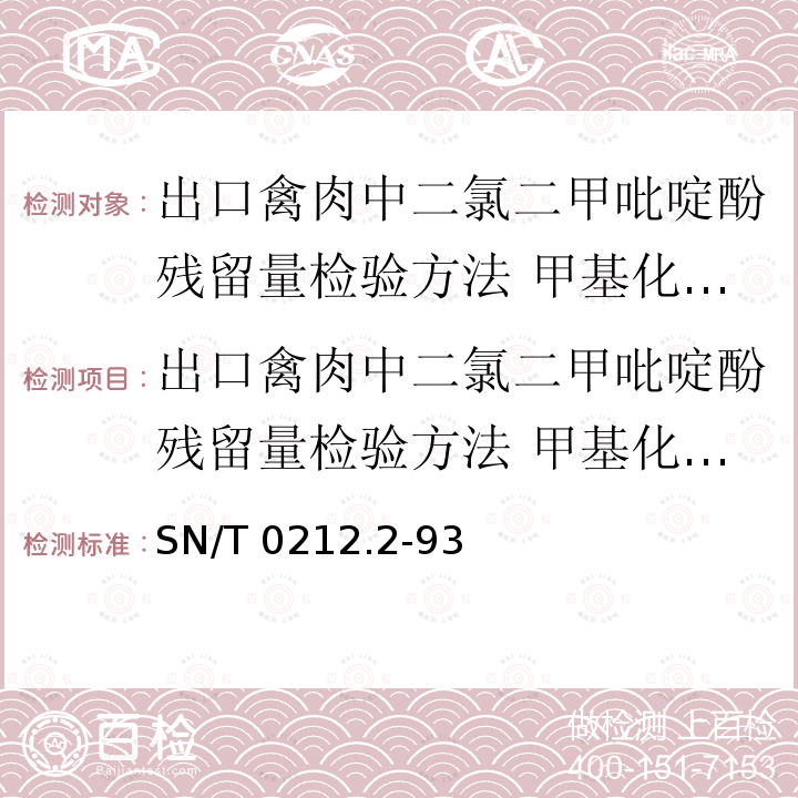 出口禽肉中二氯二甲吡啶酚残留量检验方法 甲基化-气相色谱法 SN/T 0212.2-1993 出口禽肉中二氯二甲呲啶酚残留量检验方法 甲基化--气相色谱法