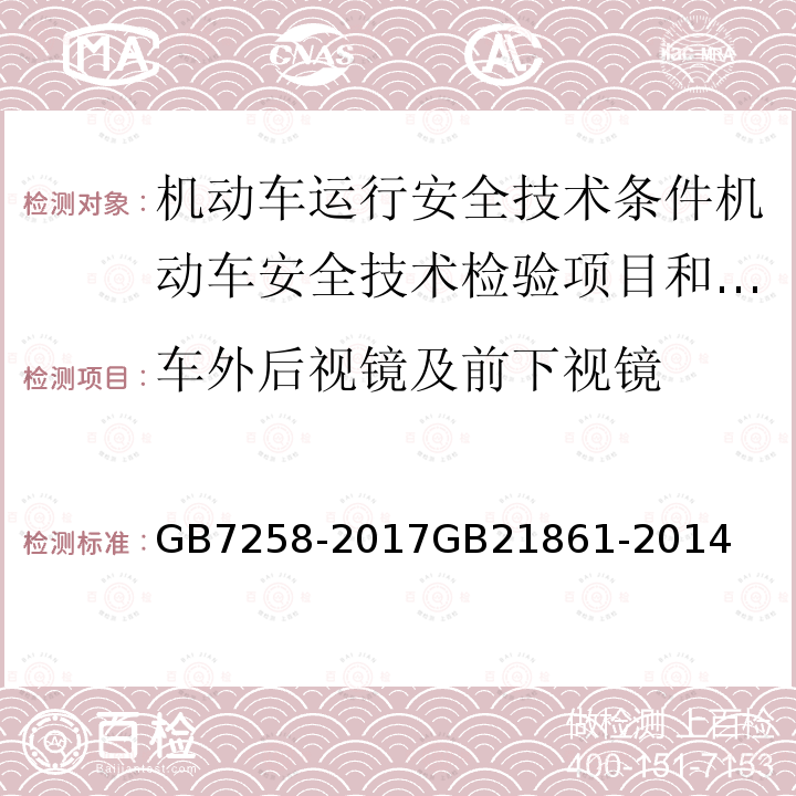 车外后视镜及前下视镜 GB 7258-2017 机动车运行安全技术条件(附2019年第1号修改单和2021年第2号修改单)