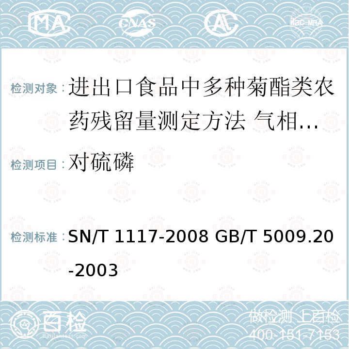 对硫磷 SN/T 1117-2008 进出口食品中多种菊酯类农药残留量测定方法 气相色谱法