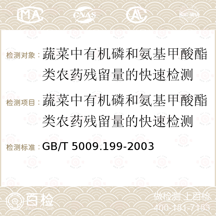 蔬菜中有机磷和氨基甲酸酯类农药残留量的快速检测 蔬菜中有机磷和氨基甲酸酯类农药残留量的快速检测 GB/T 5009.199-2003