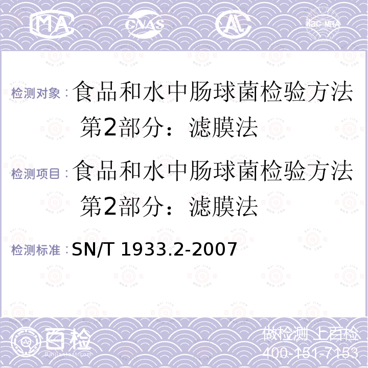 食品和水中肠球菌检验方法 第2部分：滤膜法 SN/T 1933.2-2007 食品和水中肠球菌检验方法 第2部分:滤膜法